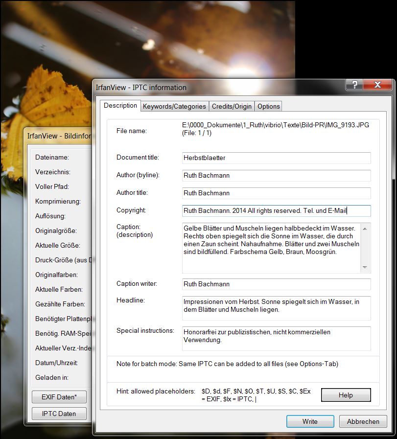 Screenshot ausgefüllte IPTC-Daten für Pressebilder