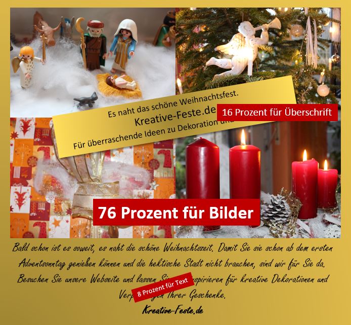 Bildmotiv aus vier verschiedenen Bildern, Playmobil Krippe, Geschenkverpackung, Adventskranz, Weihnachtsbaum, Christbaum, vor goldenem Hintergrund, Etikett quer ueber den Bildern, Anzeigentext am unteren Ende, Wahrnehmung von Anzeigen in Prozent bei den jeweiligen Bestandteilen in roten Balken,