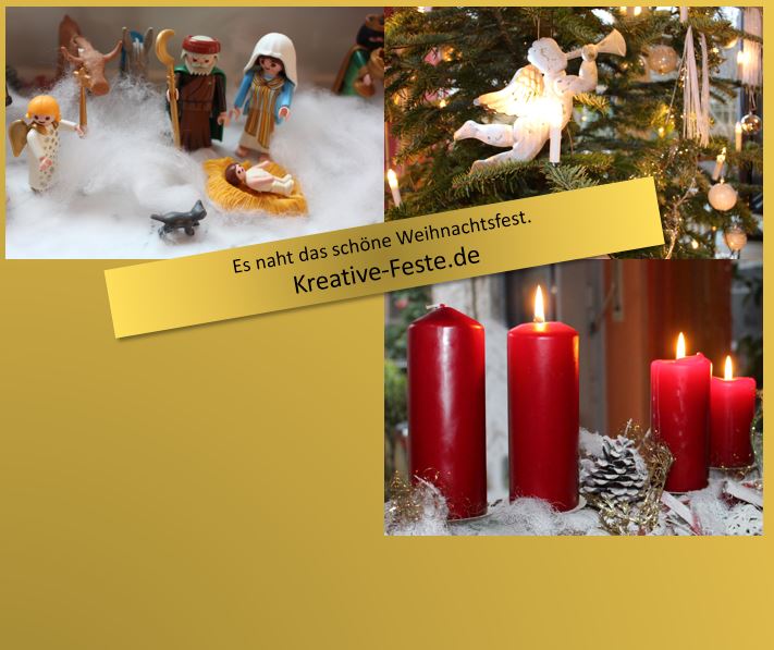 Bildmontage aus weihnachtlichen Motiven: Playmobil-Figuren, rote Kerzen und ein Engel im Christbaum.