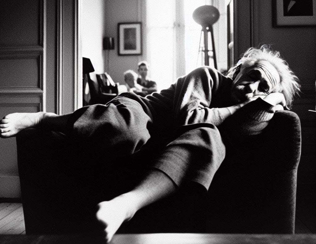 KI-generiertes schwarz-weiß Bild von Albert Einstein, der niedergeschlagen auf einem Sofa liegt