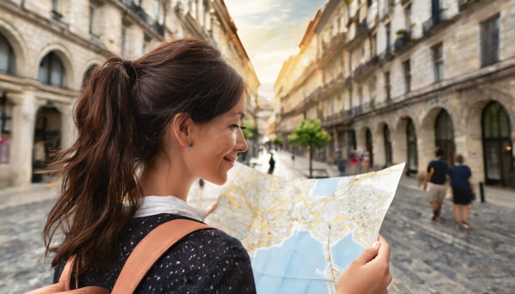 KI-generiertes Bild einer Frau, die mit einer Stadtkarte durch eine Stadt geht