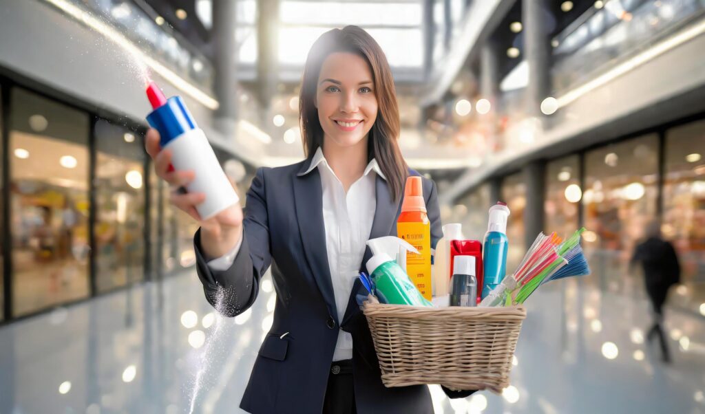 KI-generiertes Bild von einer Frau im Anzug in einem Einkaufszentrum, mit einem Korb Reinigungsprodukten im Arm