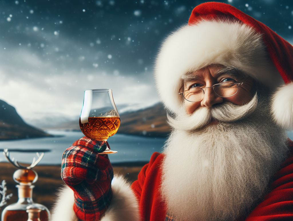 KI-genertiertes Bild vom Weihnachtsmann, der ein Glas Whisky in der Hand hält
