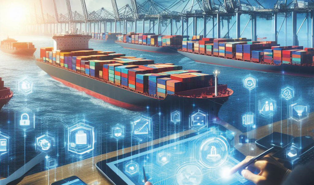 KI-generiertes Bild eines Frachtschiffs im Hafen mit Illustrationen im Vordergrund