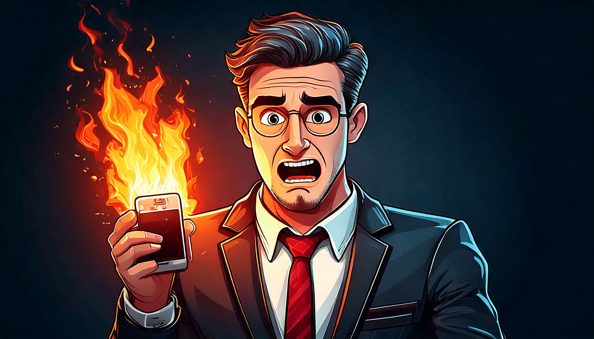 Ein Cartoonbild, auf dem ein Mann in Anzug ein brennendes Handy in der Hand hält und er reißt erschrocken dem Mund auf