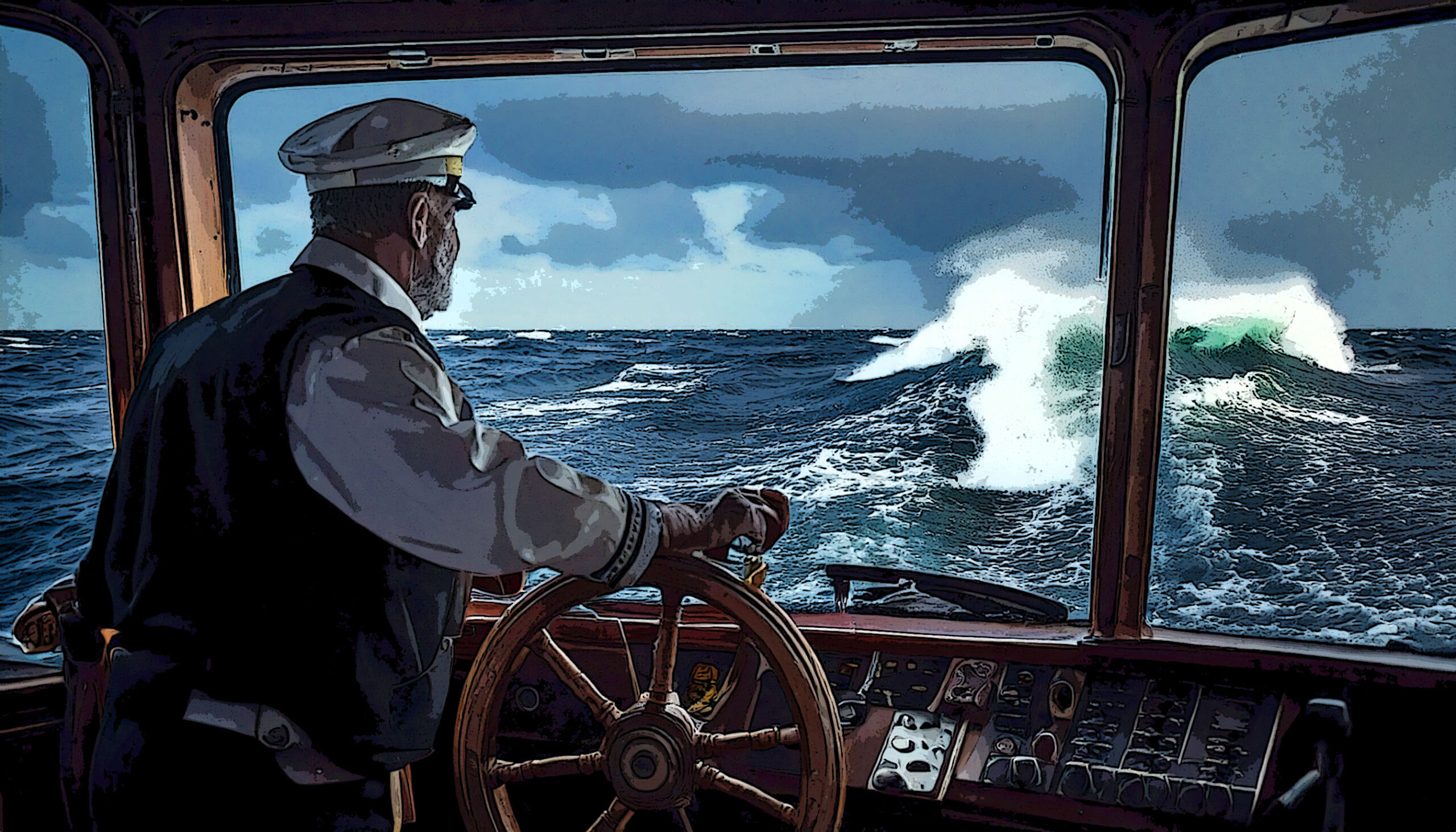 Ein Cartoonbild von einem Kapitän auf hoher See
