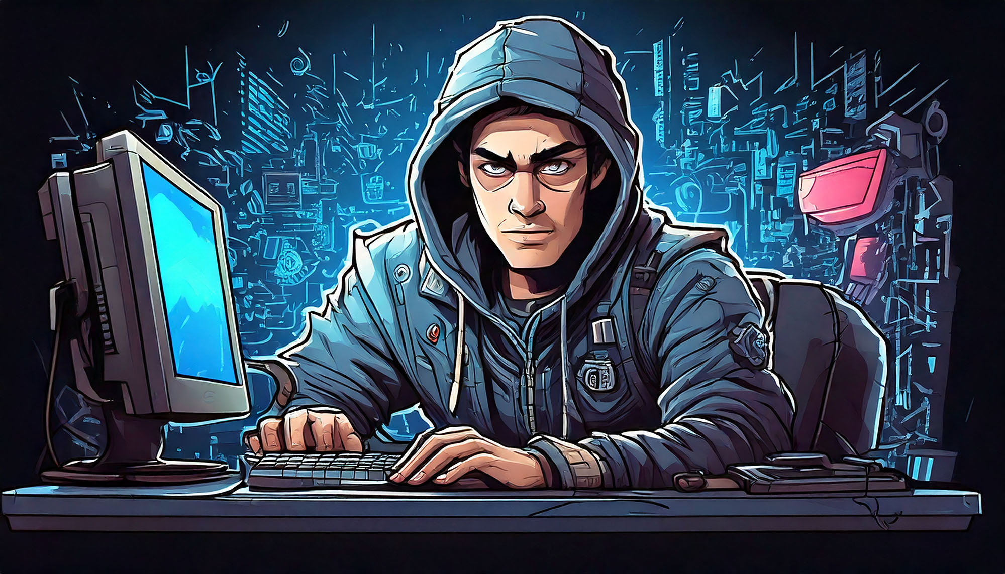 Ein Bild von einem Cartoon von einem jungen Mann in Kapuzenpullover, der zwielichtig guckt und am Computer etwas tippt