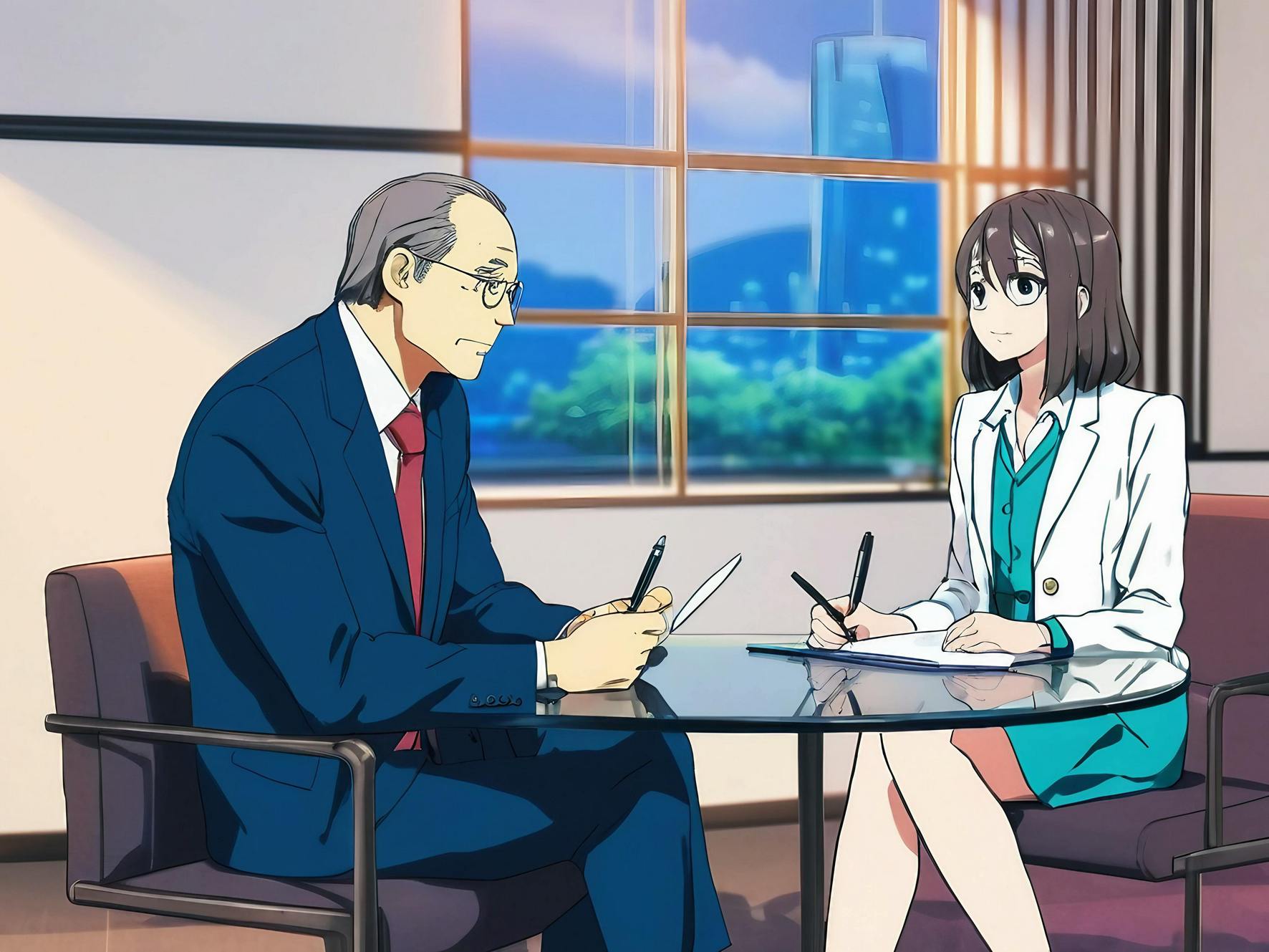 Auf diesen KI-generierten Animebild sind eine Frau und ein Mann in einer Interviewsituation zu sehen